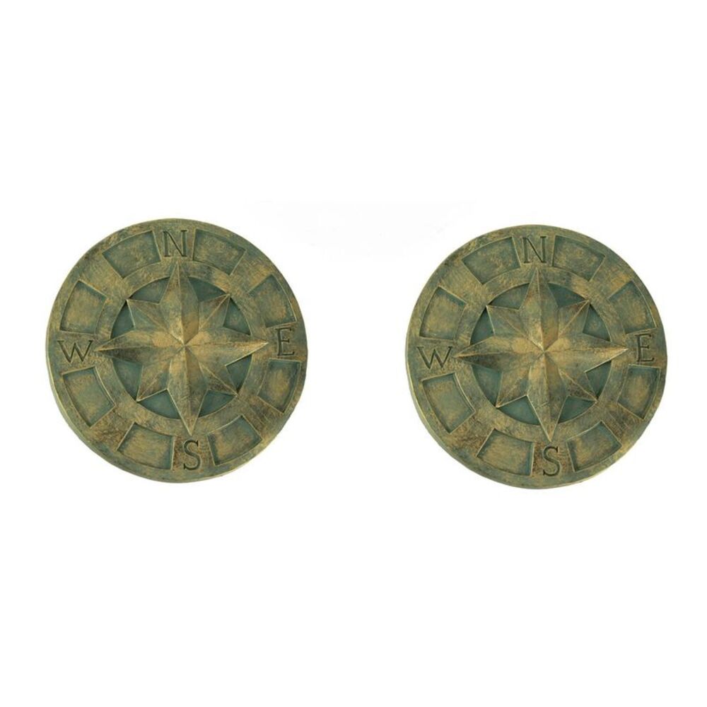 Green Nautical Compass Rose Stepping Stone Wall Plaque Indoor Outdoor Set of 2